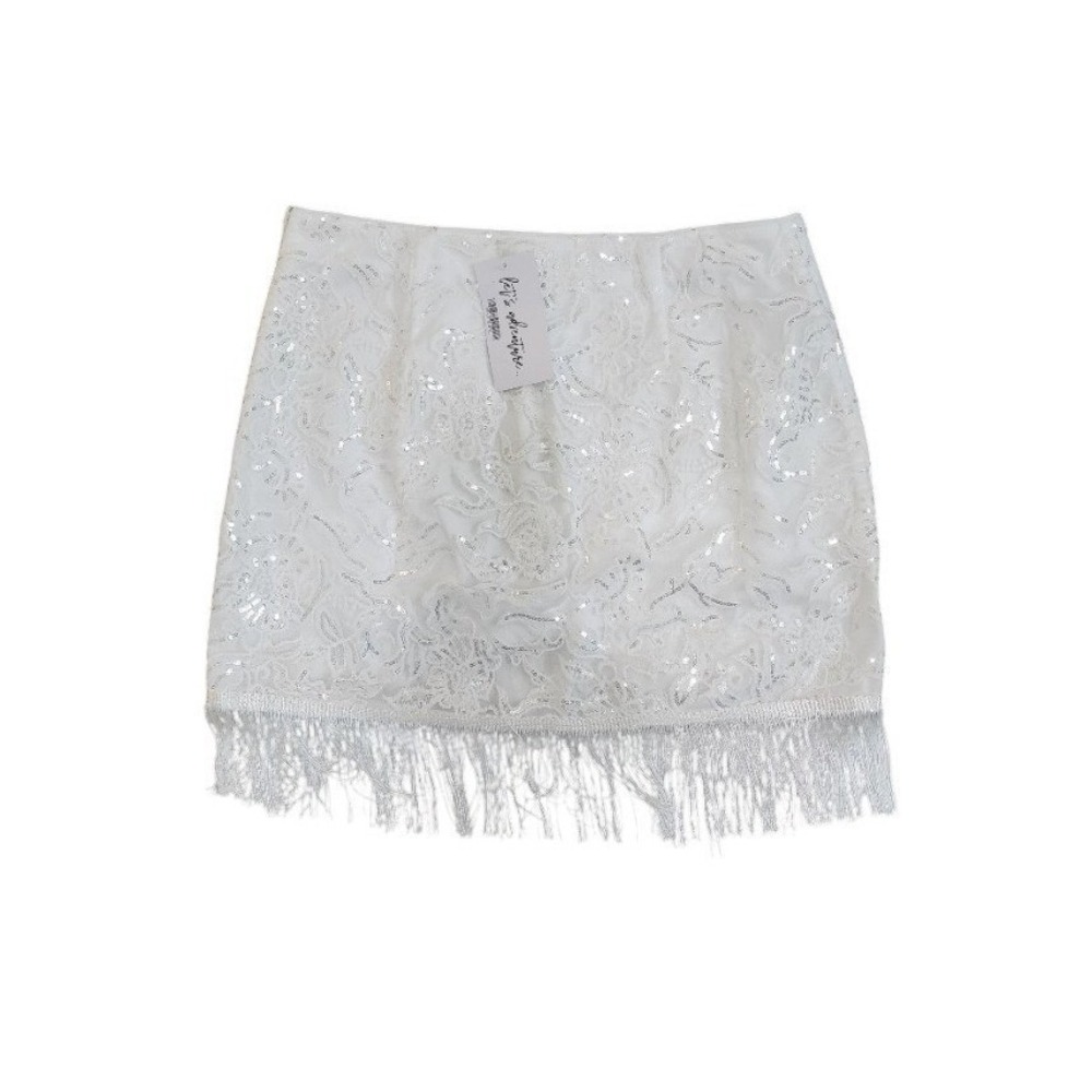 12th Tribe White Sequin Fringe Mini Skirt | Festival Party | Size M